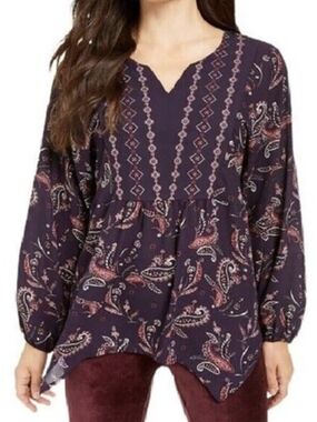 Style & Co Women Plus Size Purple Paisley Long Sleeve Handkerchief Hem Tunic To